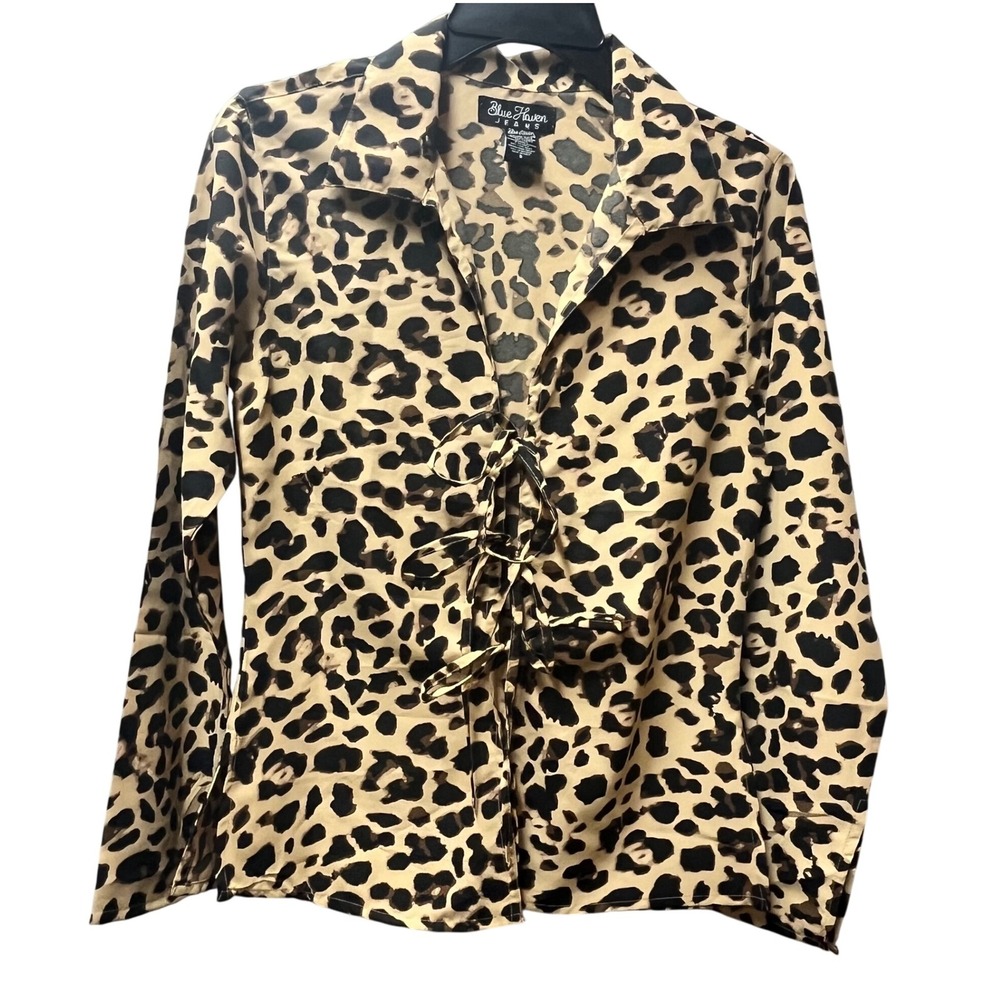 Leopard Print Small Long Sleeve Tie Front Bow‎ Open Front Blue Haven Jeans